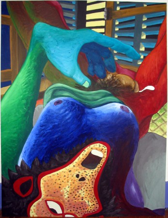 Derrière les persiennes - Huile sur carton gris, environ 120 X 80 cm. Vers 2000.